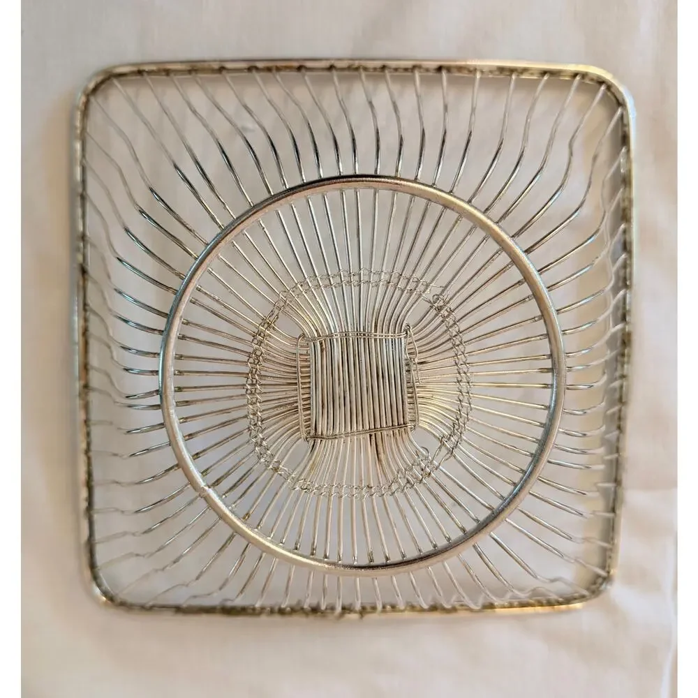 Vintage Silver Plated Wire Bread Basket Square Rope Rim Italian Style Server